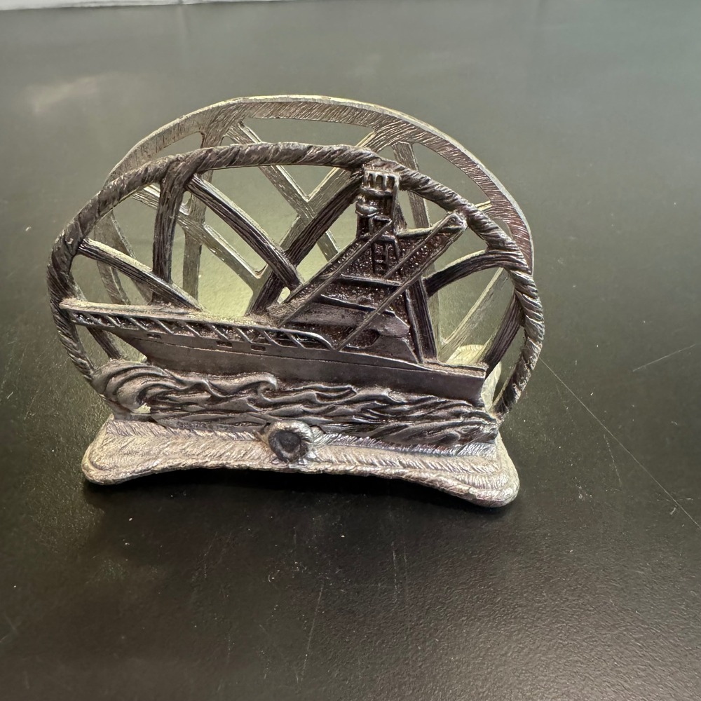 Metzke Napkin Holder Home 4.25in Silver Vintage 1983 Nautical Ship Pewter USA